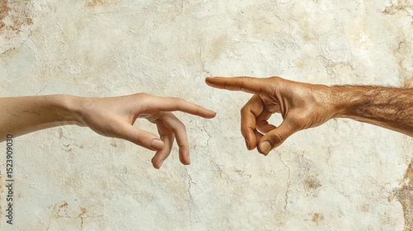 Fototapeta Artistic hands reaching out in a touching creative gesture against a beige textured.