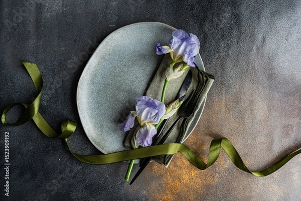 Obraz Table setting with pale blue iris flowers
