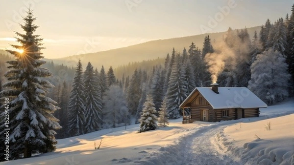 Fototapeta Snowy mountain winter landscape with a frosted forest and a cozy house under a vast sky