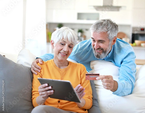 Fototapeta portrait of happy smiling senior elderly couple using a tablet computer and a credit card  for online shopping at home, technology and internet use in everyday life concept