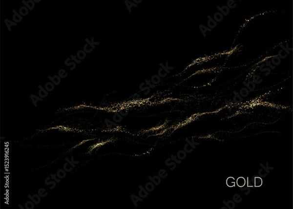 Obraz Abstract shiny isolated design element, amazing golden waves on black background.