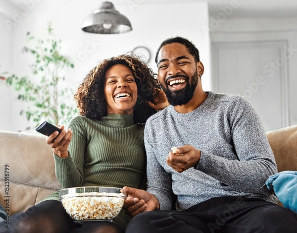 Fototapeta Portrait of a happy young couple watching tv together at home. Shot of a couple resting on the couch watching television