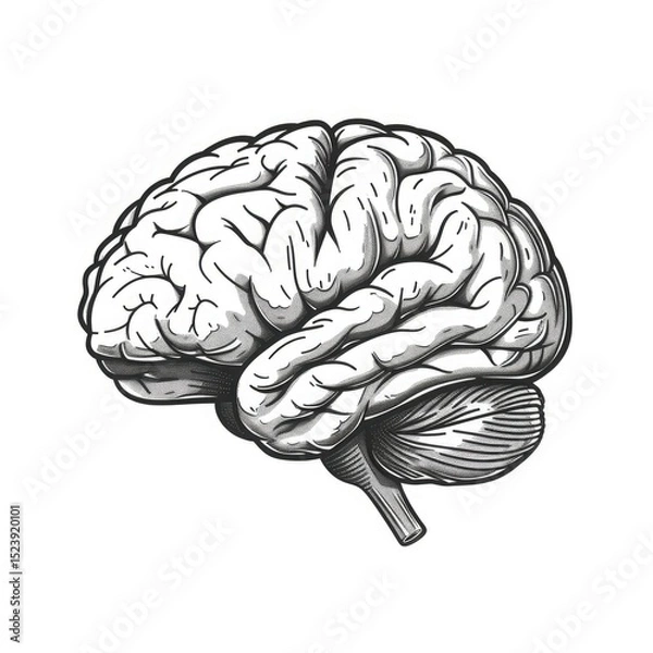Fototapeta A black and white sketch of the human brain. The drawing shows detailed convolutions that highlight the anatomy of the central nervous system.