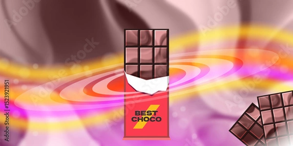 Fototapeta Vector advertising banner. Chocolate bar in open wrapper. Wavy glowing color background. Tasty sweet delicacy best food.