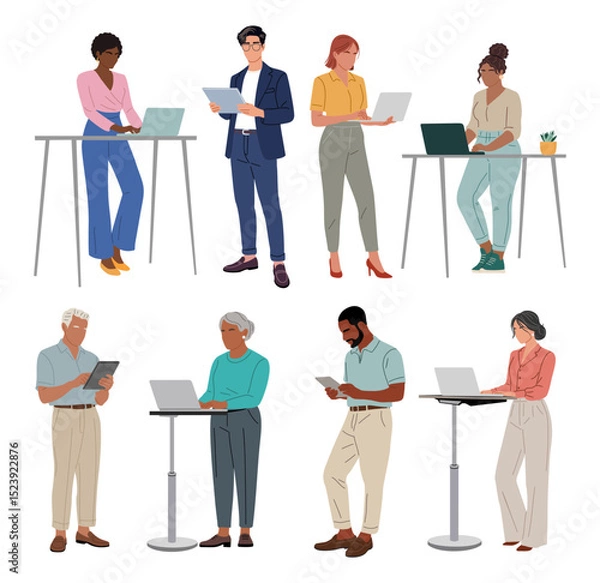 Fototapeta Business people working at laptop, digital tablet. Different men and women wearing smart casual office outfits standing with computer. Vector realistic illustration isolated on transparent background