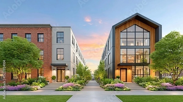 Fototapeta Visual concepts of redesigned equitable neighborhoods, Modern residential buildings with lush gardens at sunset. Reparative urban planning in equitable city development