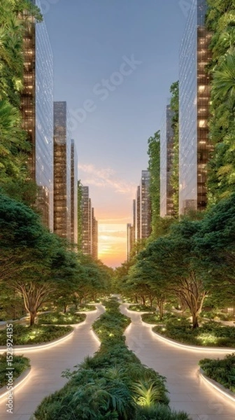 Fototapeta Visual concepts of redesigned equitable neighborhoods, Modern urban landscape with green spaces and futuristic buildings. Reparative urban planning in equitable city development