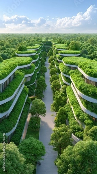 Fototapeta Visual concepts of redesigned equitable neighborhoods, Sustainable architecture blending nature with modern design. Reparative urban planning in equitable city development