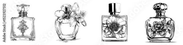 Fototapeta A modern emblem for a perfumery store, the luxury perfume icon is characterized by a golden bottle of fragrance, accompanied by a perfume bottle adorned with a creative golden flower or an ornate