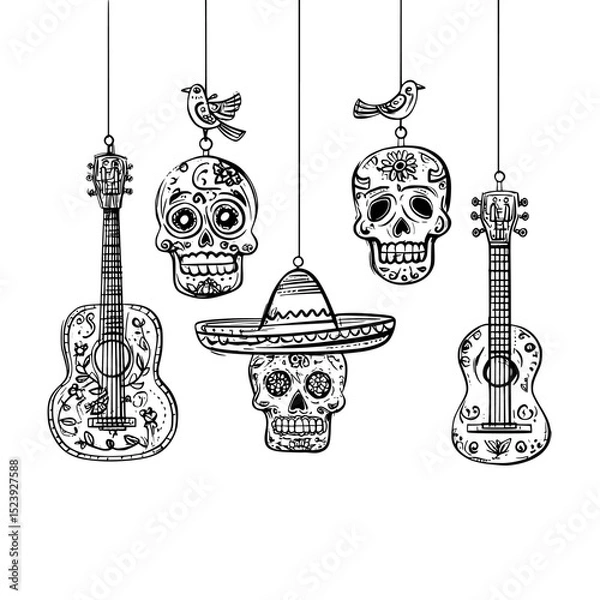 Obraz A banner for Mexico's Dia de Los Muertos features modern calavera skulls and a sombrero, along with a Mexican guitar, maracas, candles, flowers, and birds in an ethnic ornament for the Day of the