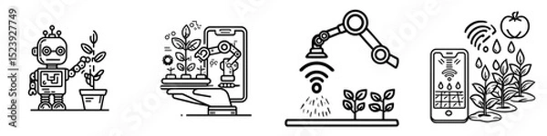 Fototapeta Modern linear sign representing automated watering system with mobile control, robot farm, and sustainable agriculture farming technology, including smart watering icon and precision hydration app