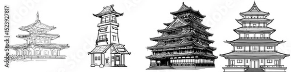 Fototapeta Modern Asian architecture is represented by buildings such as cartoon Chinese houses or Chinatown towers, as well as ancient temples or pagodas with oriental roofs, showcasing Chinese, Korean, or