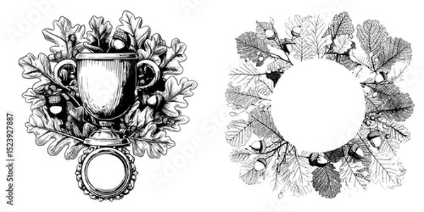 Fototapeta A modern game asset badge featuring a cartoon oak wreath with golden branches, leaves, and acorns, suitable for a winner award, honor prize, or trophy
