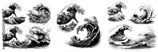 Fototapeta Modern oriental art featuring Asian Japanese or Chinese sea waves with a vintage twist, incorporating ocean and sea water flow texture, blue line splashes, and a tsunami surf pattern with water