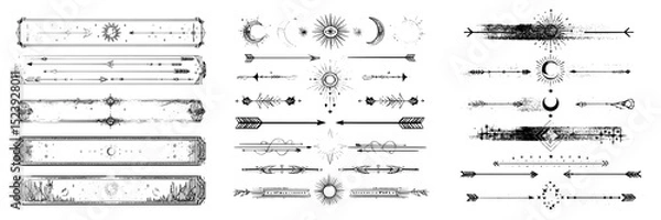 Fototapeta Fantasy celestial divider borders and frame lines featuring gold stars, moon, sun, arrows, and sparks in a vintage boho pattern, along with mystic esoteric tarot cards, astrology horoscope, or zodiac