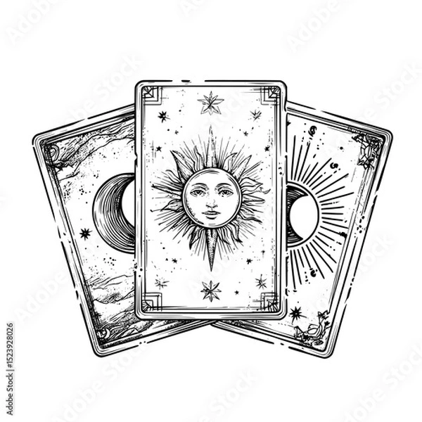 Fototapeta Tarot cards that have magical occult symbols, esoteric signs, and mystic symbols can be found in modern reverse decks, including those with golden lined sun, moon, and star in celestial frames that