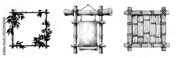 Fototapeta A bamboo frame adorned with wooden sticks borders or a wooden sign board set against a modern background, featuring a bamboo frame composed of sticks tied with rope for a signboard, reminiscent of a