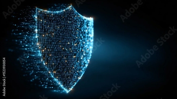 Fototapeta An abstract glowing digital shield constructed from binary code particles illuminates the dark background, representing cybersecurity and data protection online world.