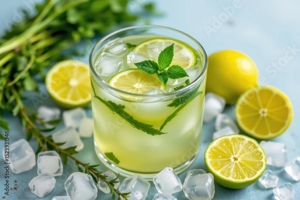 Obraz a cold herbal drink made from lemongrass and lime, surrounded by crushed ice and herb sprigs, refreshing and fat reducing summer beverage