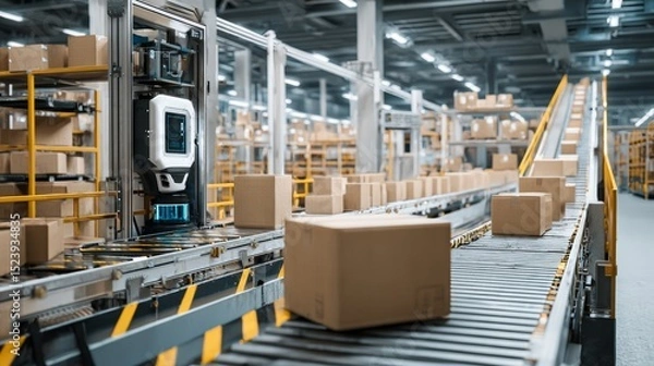 Fototapeta Future factory express intelligent warehouse automated parcel sorting logistics