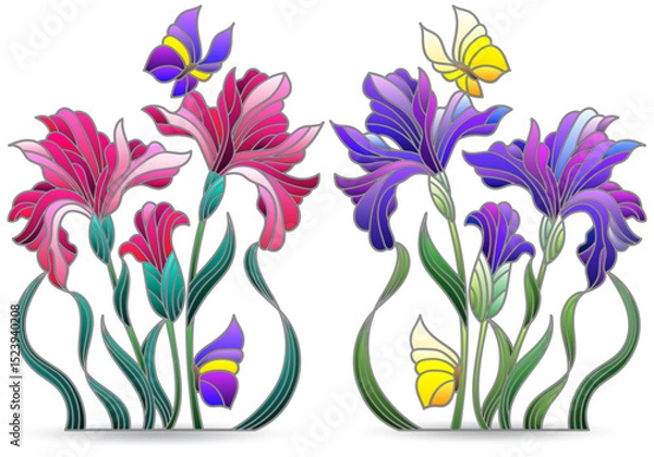 Obraz A set of stained glass illustrations with compositions of iris flowers, isolated on a white background