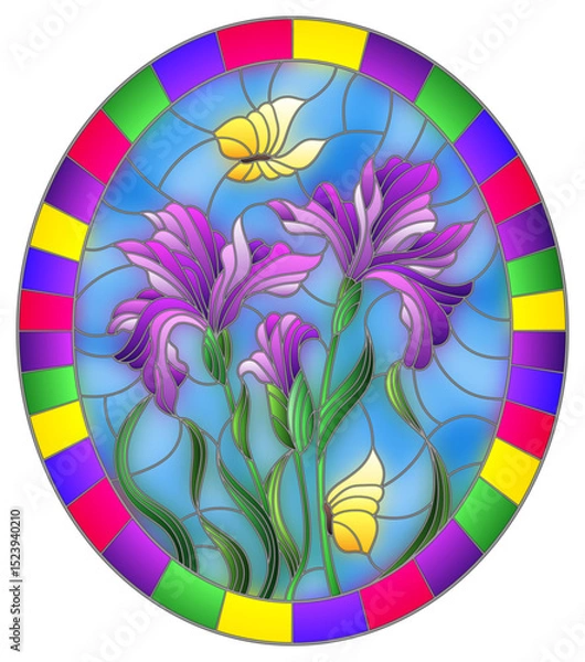 Obraz 27621Illustration in stained glass style flower of purple irises and butterflies on a blue background in a bright frame,oval  image
