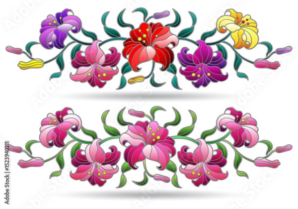 Obraz Set of stained glass illustrations with bouquets and lilies flowers, flovers isolted on awhite background