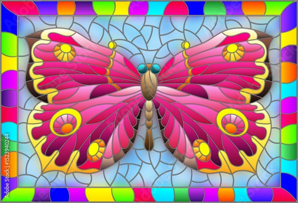 Obraz Illustration in stained glass style with a bright pink butterfly on a blue background in a bright frame, rectangular image