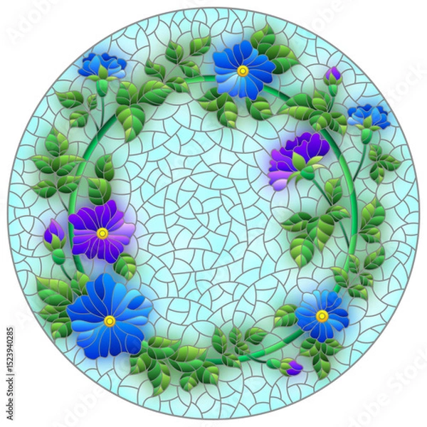 Obraz Illustration in the stained glass style with a wreath of bright flowers on a blue background, round image