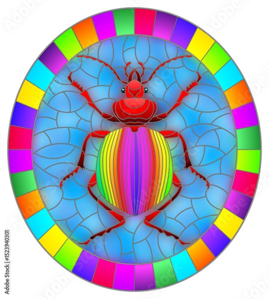 Obraz Illustration in stained glass style abstract in rainbow beetle on a blue background, the oval image in bright frame