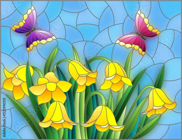 Obraz Stained glass illustration with a bouquet of bellflowers flowers, composition on a blue background