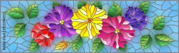 Obraz Illustration in stained glass style with abstract intertwined bright flowers and leaves on blue background
