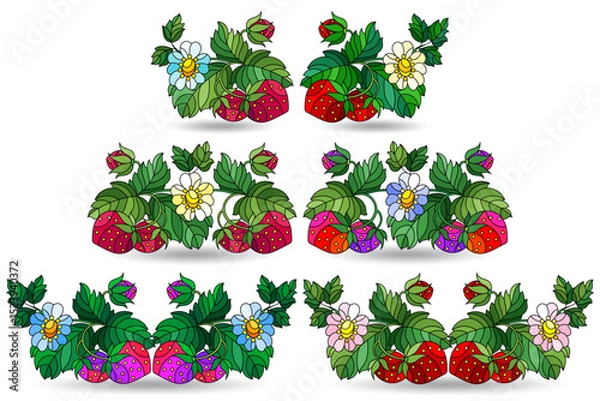 Obraz A set of stained glass illustrations with compositions of berries and strawberry leaves, isolated on a white background