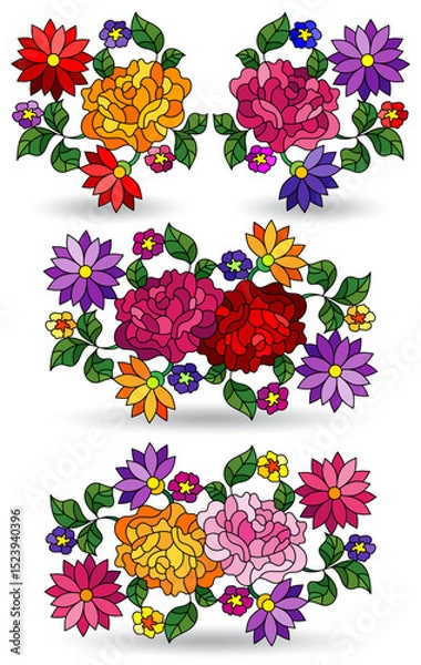 Obraz A set of stained glass illustrations with floral arrangements, isolated on a white background