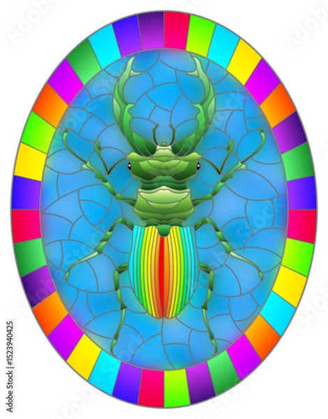 Obraz Illustration in stained glass style abstract in rainbow beetle deer on a blue background, the oval image in bright frame
