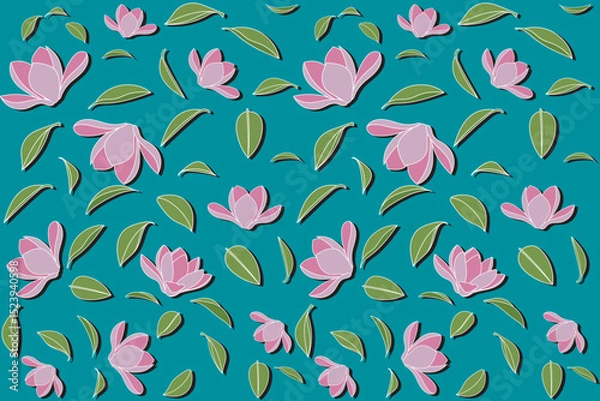 Obraz Illustration of magnolia flower with leaf with shadow on blue green background.