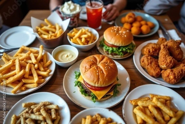Fototapeta a table full of assorted fast food items: fries, burgers, fried chicken, all high in trans fats.