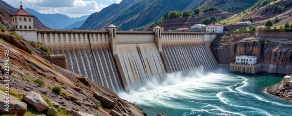 Obraz a massive hydroelectric dam releasing water through turbines, generating electricity from flowing river currents in a scenic mountain valley, representing renewable hydropower energy.