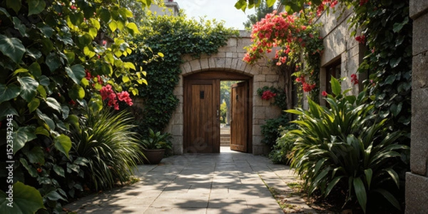 Fototapeta Tropical Door Discovery Weathered wooden door set in ancient stone wall, partially covered by vibrant bougainvillea flowers and tropical vines.