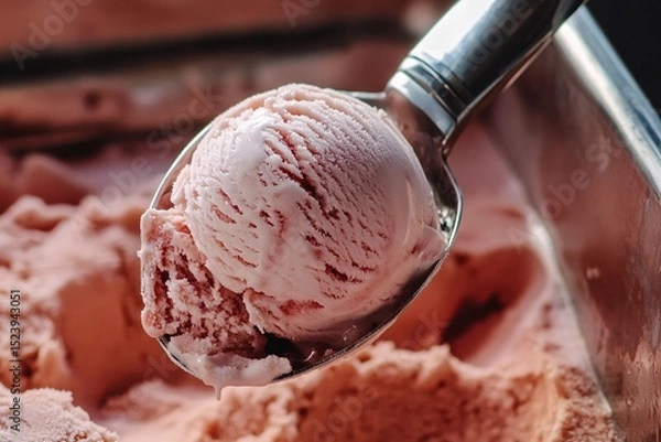 Obraz Scooping Strawberry Ice Cream with Metal Dipper from Full Frozen Tray
