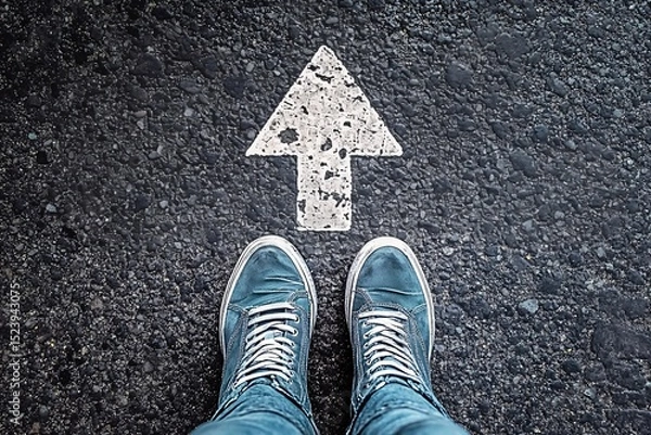 Obraz Top View of Sneakers and Painted Arrow Pointing Forward on Asphalt Road