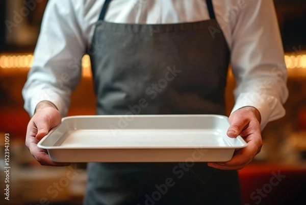 Obraz Waiter Holding Empty White Serving Tray Centered in Restaurant Scene