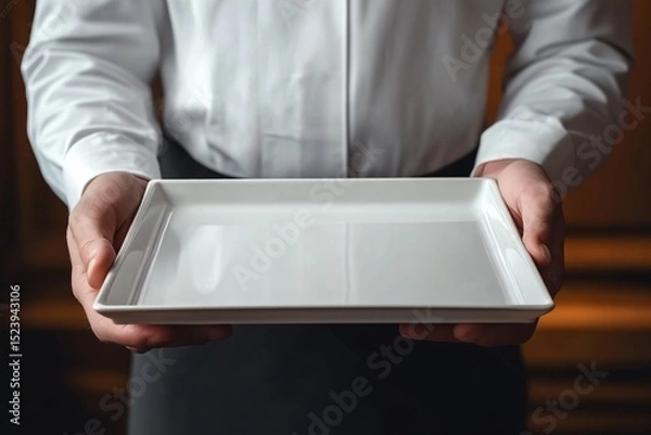 Obraz Waiter Holding Square White Porcelain Tray in Upscale Setting