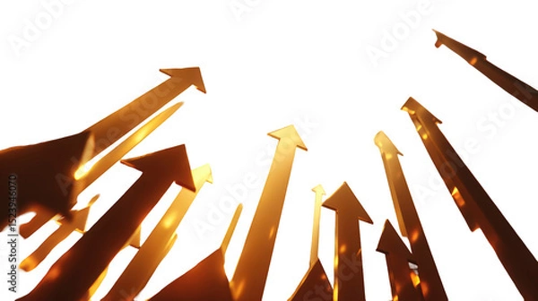 Fototapeta Abstract golden arrows rising upward background design illustration graphic success growth concept modern business finance shiny 3d arrows golden arrows on transparent background