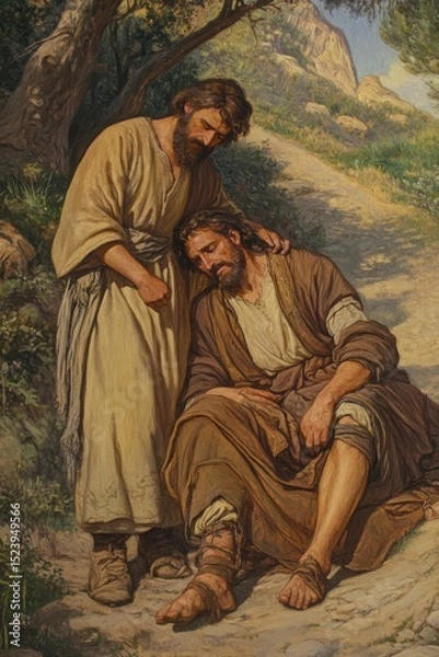 Fototapeta Good Samaritan caring for a wounded traveler on a quiet road, embodying compassion and selflessness