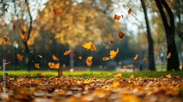 Obraz Autumn wind creating a flurry of dry leaves across an open park lawn