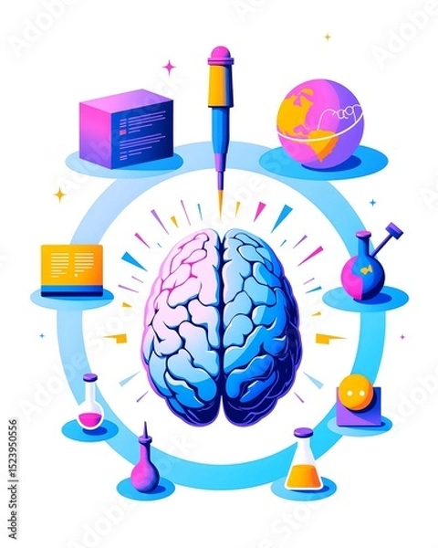 Obraz Innovative Thinking Unleashed: An illustration of a brain surrounded by science-related objects, symbolizing the power of the mind and the endless possibilities of science and innovation.
