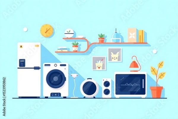 Obraz Cozy Home Appliances: A bright and inviting illustration featuring an array of household appliances, arranged amidst a minimalist home setting, creating a feeling of domestic comfort and modernity.