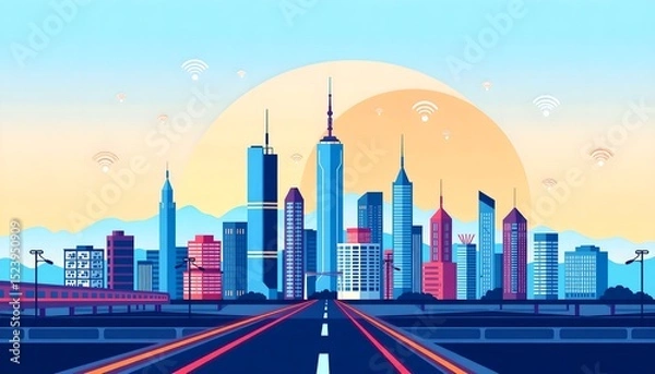 Obraz Panorama of Chicago's urban skyline at night, with towering skyscrapers and city lights illustrating a modern cityscape