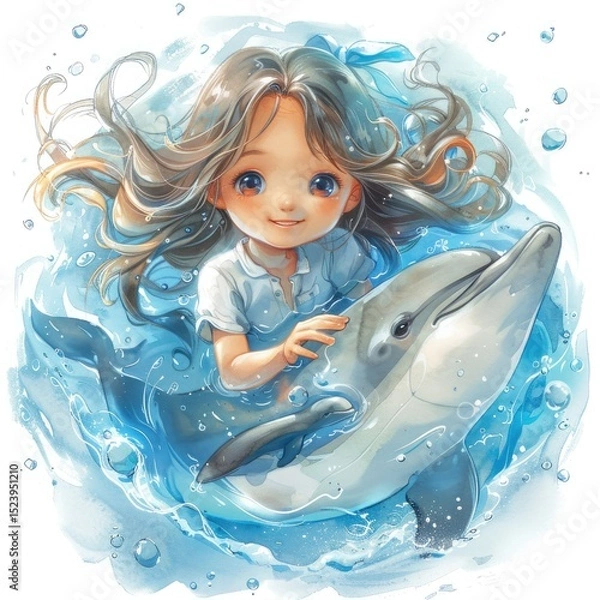 Fototapeta A young girl with long brown hair and big blue eyes interacts playfully with a dolphin in a splash of water. The illustration features soft pastel colors and a whimsical style.